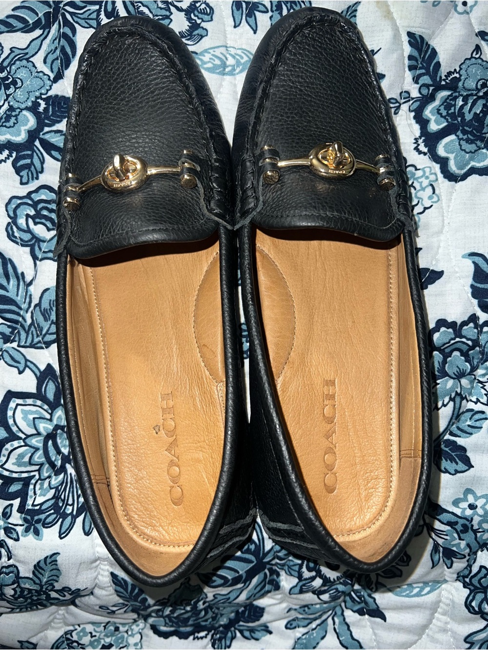 Coach Black Leather Horsebit Loafers with Gold Hardware